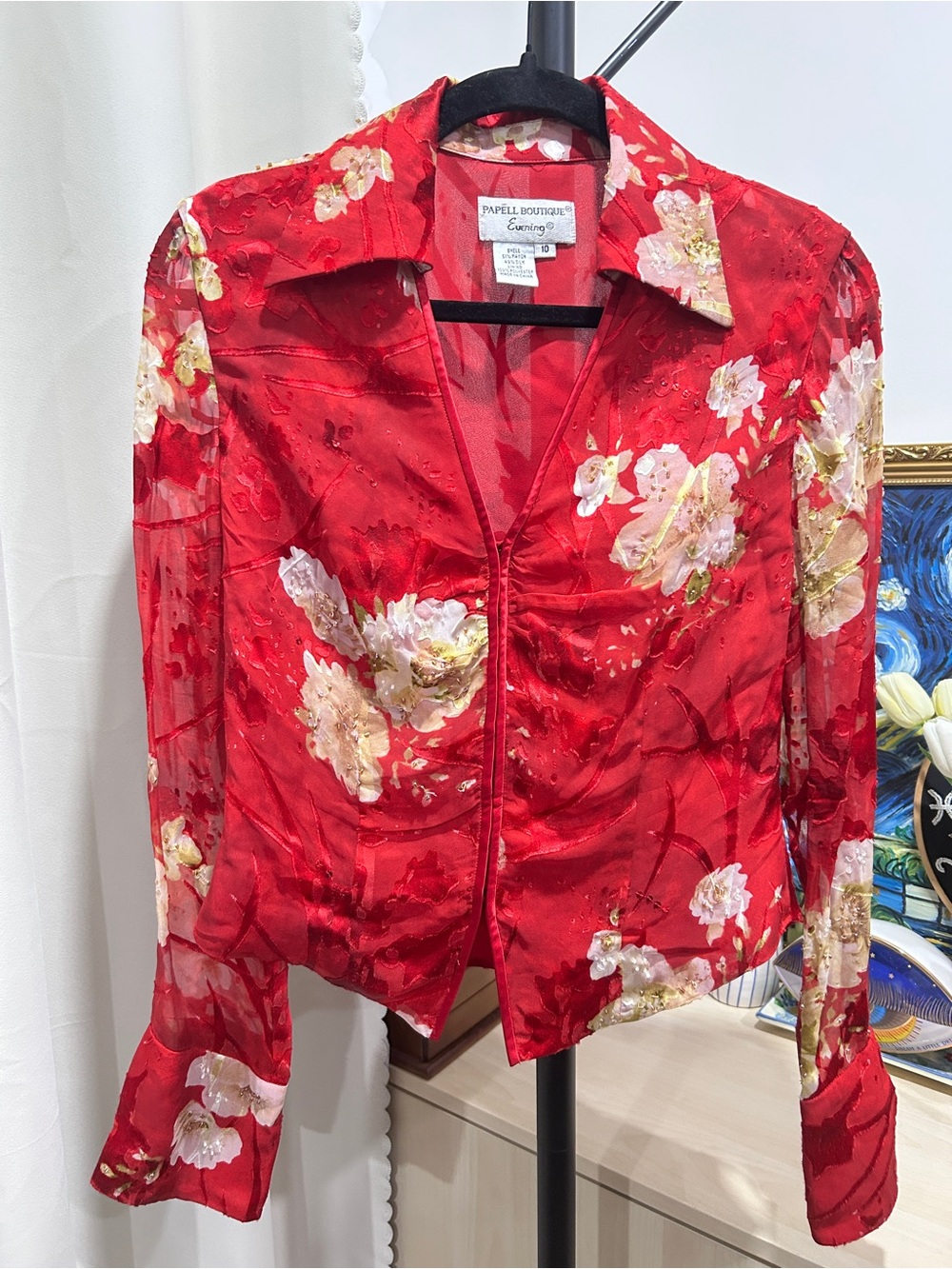 Vintage Papell Boutique Women's Red Floral Collared Long Sleeve Beaded Blouse 10